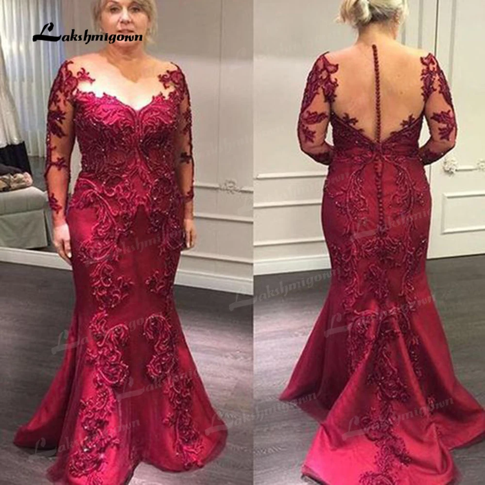 

Elegant Burgundy Lace Mother of the Bride Dresses Long Sleeves Illusion Neck Wedding Party Gowns Mermaid Wedding Guest Dress