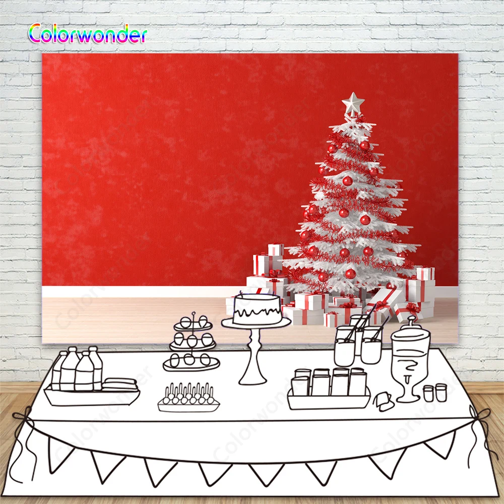 Белая Рождественская елка Подарочная коробка фон для фотографии Красная стена