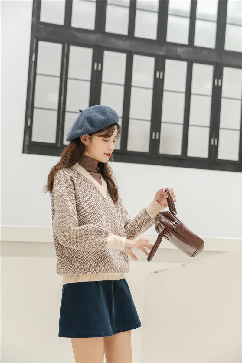 Женский свитер пуловер в полоску с высоким воротом имитация двух частей модный