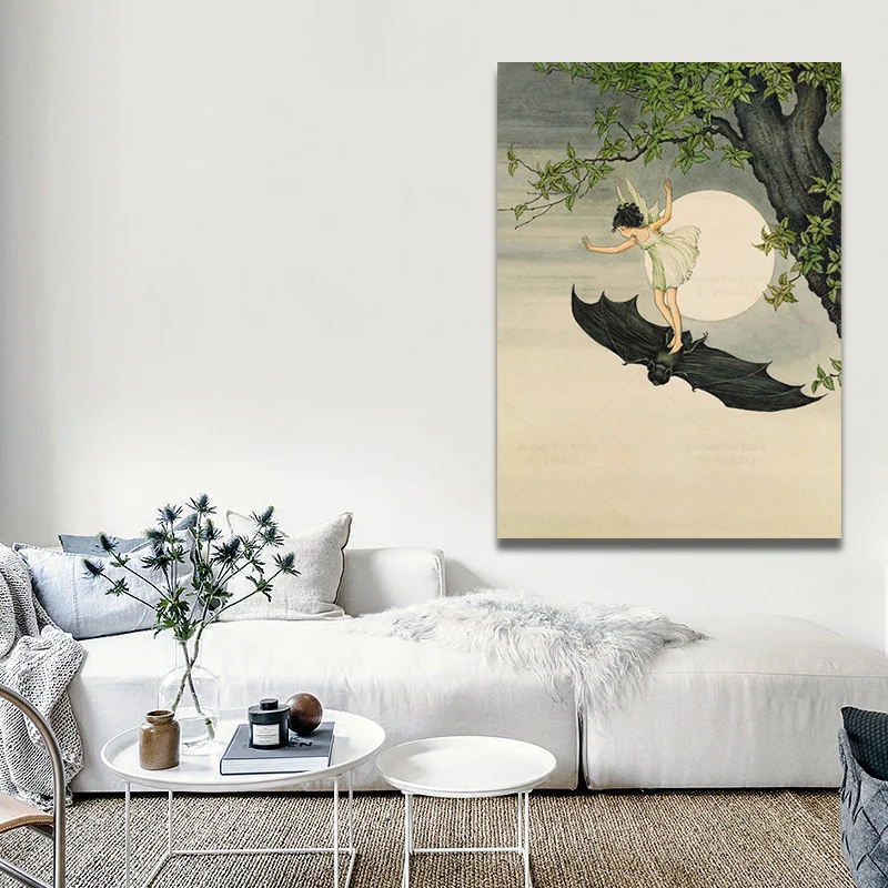 

Vintage Fairy Tale Illustration Fairy Riding a Bat Wall Art Canvas Print Woodland Picture Painting Full Moon Antique Witch Art