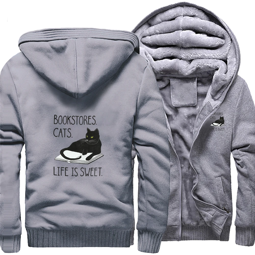 

Bookstores Cats Life Is Sweet Casual Hoodie Street Winter Warm Thick Jackets Top Men Printed Fitted Outdoor Sweatshirt Gray Coat