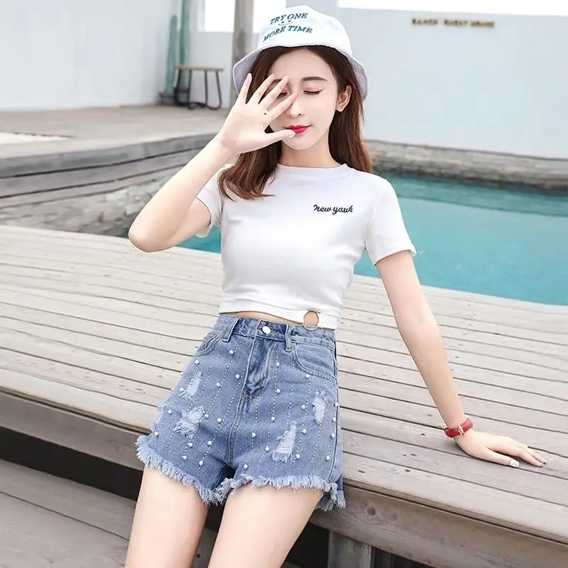 Женские джинсовые шорты с высокой талией повседневные свободные из денима