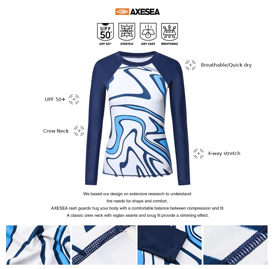 AXESEA, женская рубашка для серфинга, топ, длинный рукав, Рашгард, купальник, защита от солнца, купальник, круглый вырез, UPF50+, одежда для серфинга, Рашгард