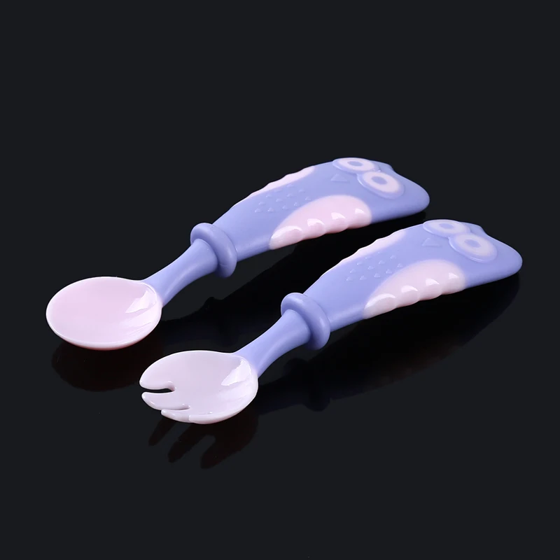 

2Pcs Baby Silicone Spoon Fork Set Smooth Edge Angle Of Bend Convenient For Toddlers Infants Kids Learn To Safe Feeding Plastic