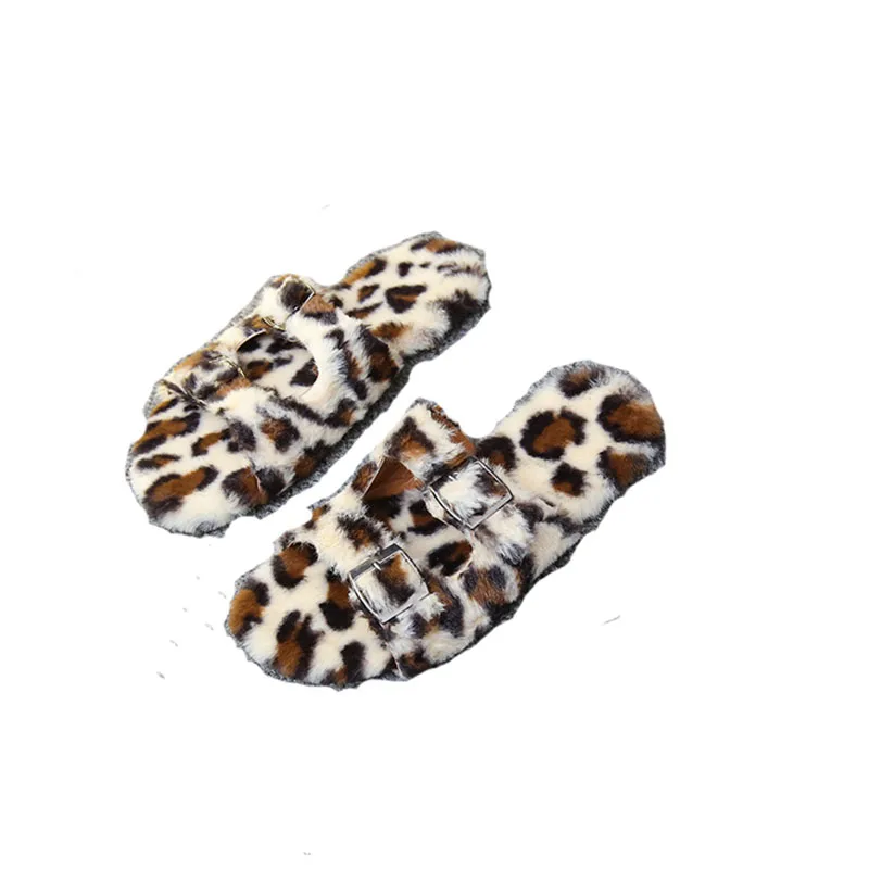 

Cut-out leopard furry slippers women comfy toe flats metal decoration slides soft ladies shoes Home fashion buckle flat sandals