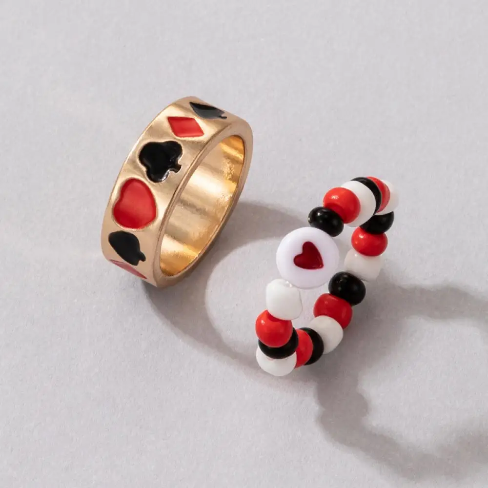 

New Cold Wind Dripping Oil Beaded Colorful Playing Cards Love Dripping Oil Ring Ladies Fashion Party Geometric Jewelry