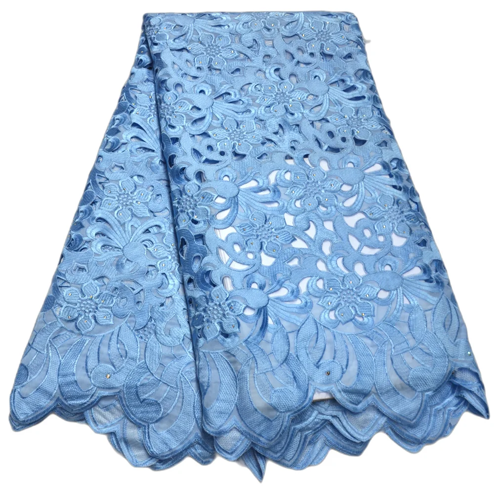 

High quality big heavy white handcut African lace Fabric wedding lace with stones 5 Yards 100% Cotton Swiss Voile Lace-S89710