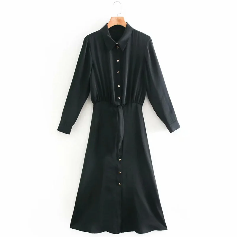 

Women's 2021 New Spring Summer Long Sleeve Single Button Elegant Lightly Matured Knotted Silk Satin Dresses Black For All Match
