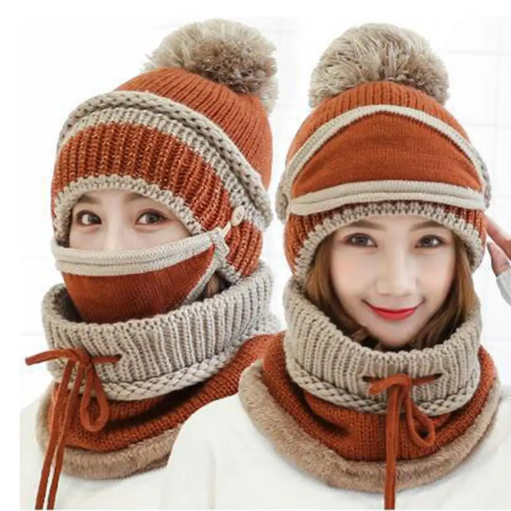 

3Pcs Winter Women Thicken Warm Knitted Pompom Beanie Hat Cap Scarf Face Mask Set warm winter for Women girls