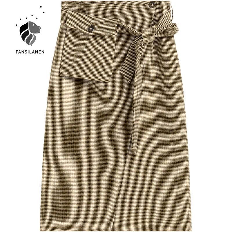 Женская клетчатая юбка-миди fansilавто шерстяная юбка с разрезом карманами поясом и