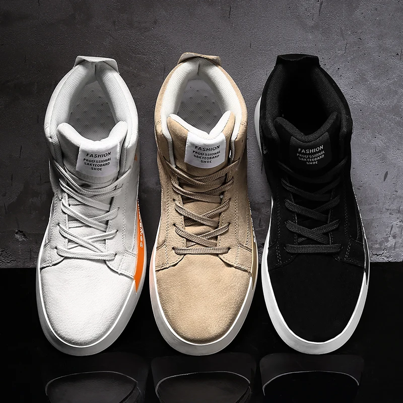

FL JUMPMORE Men PU Casual Shoes High Top Flat Vulcanize Shoes Leisure Classics Hook Loop Breathable Boys Sneakers Winter