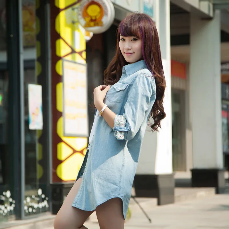 Блузка Женская длинная из денима Модная хлопковая рубашка с длинным рукавом