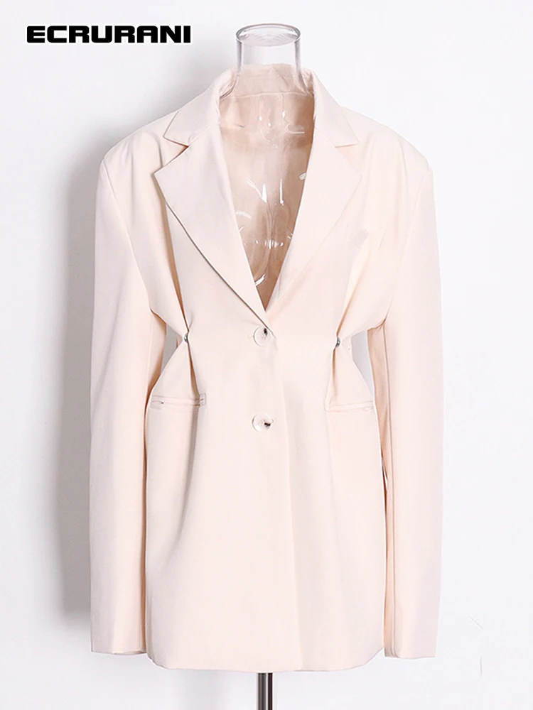 

ECRURANI Apricot Elegant Blazer For Women Notched Long Sleeve Straight Casual Solid Minimalist Blazers Females New Clothing 2021