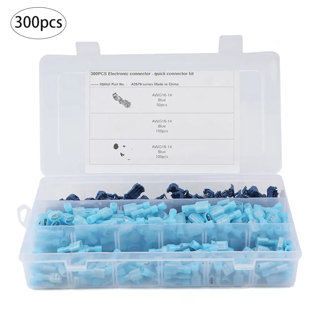 

300PCS T Tap Wire Connector Nylon Male Female Spade 16-14AWG Electrical Insulated Terminal With Box Blue Professional Small Tool