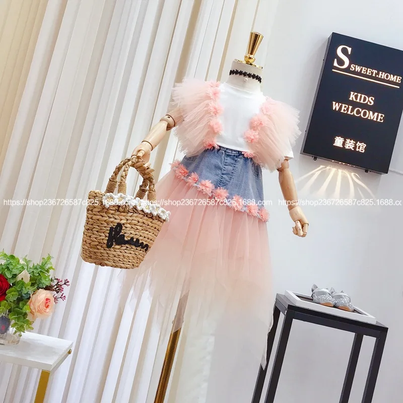 Детская одежда Новинка лета 2020 футболка с вышитыми мелкими цветочками из