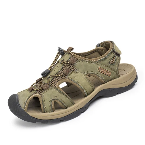 Green Khaki Брендовая обувь из натуральной кожи; сезон лето; Новинка; большие размеры; мужские сандалии; модные сандалии и шлепанцы - Цвет: Green Khaki