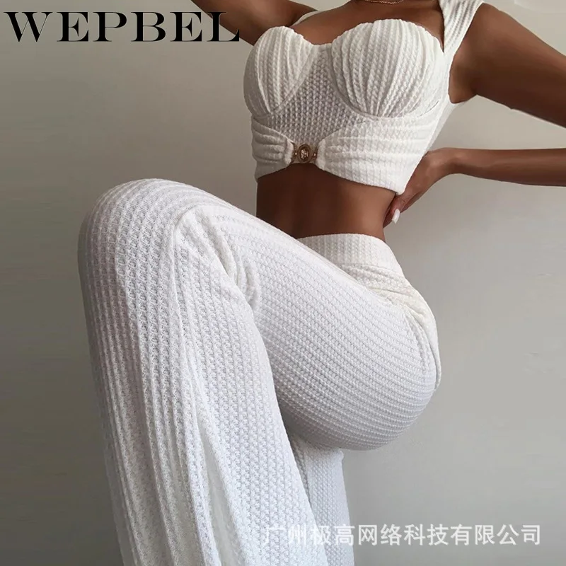 

WEPBEL Women Elegant Spring Autumn Tracksuit Two Piece Set Ladies Sexy Halter Crop Top Shirt + Long Pants Suit Female Outfits