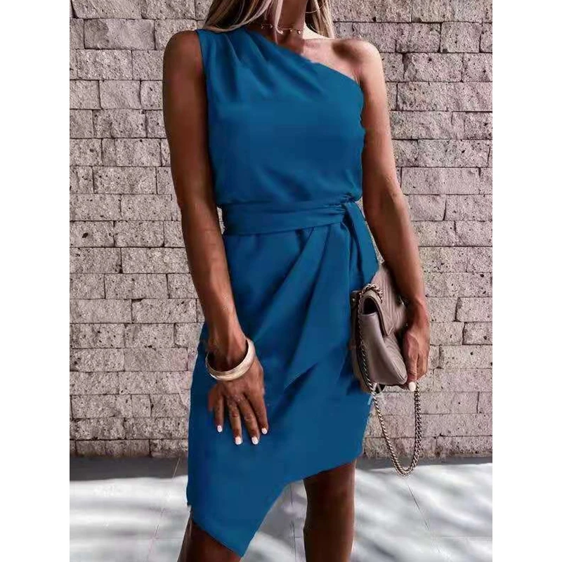 

WEPBEL Dress Women's Sexy Solid Color Slim Fit Tied Sleeveless Dress Summer Fashion Slash Neck High Waist Slit Irregular Dress