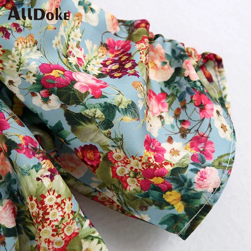 

ALLDOKE vintage floral print blouse women summer v neck puff sleeve crop tops shirt femme boho casual ladies blouses blusas