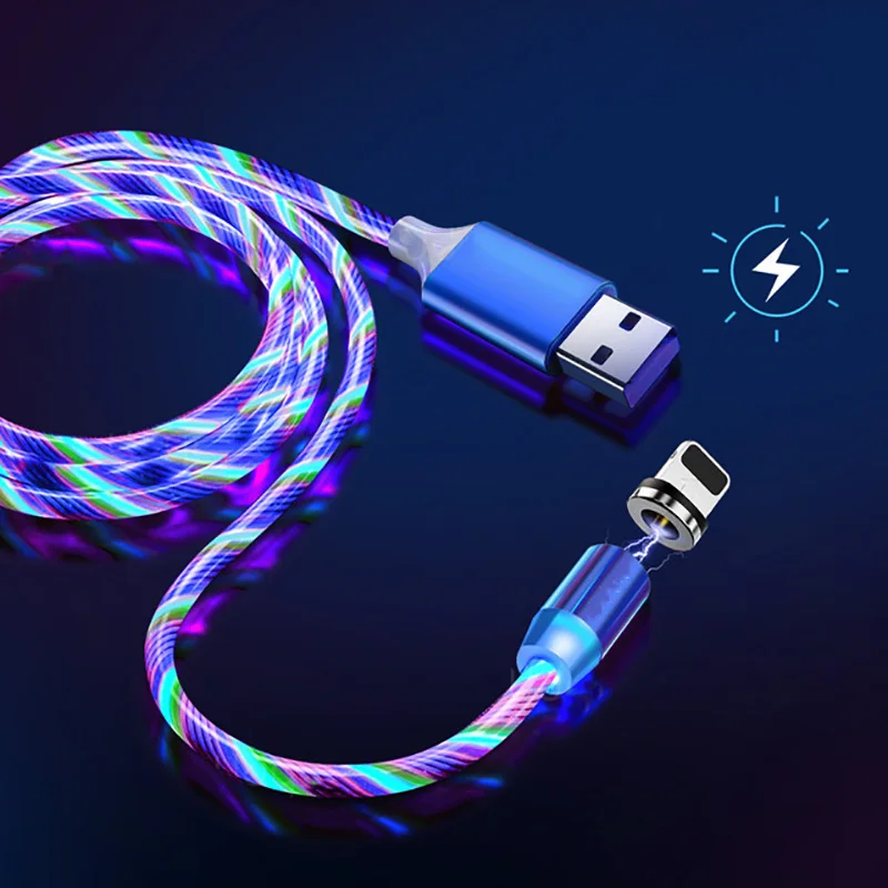 

2m 1m Magnetic Charge Cable For iphone Flowing Glow Fast Charging Cable Lighting Micro USB Cable LED Magnet Charger Type C Cord