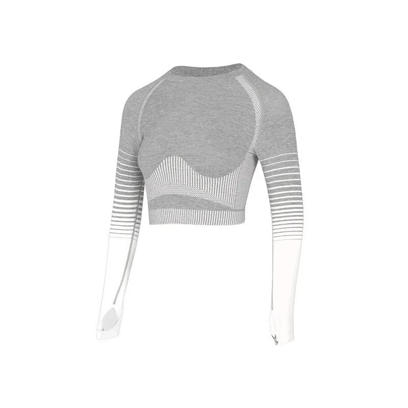 gray-white Женские Бесшовные футболки для йоги, одежда для фитнеса, рубашки для спортзала, эластичные женские футболки с длинным рукавом для бега, спортивная одежда, топы для спортивных тренировок - Цвет: gray-white