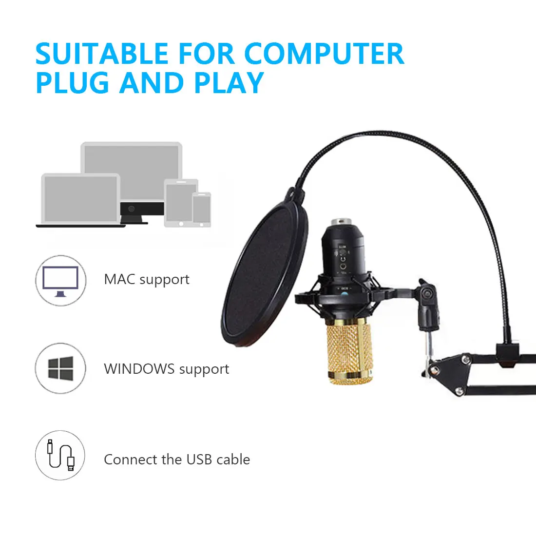 

USB Professional Condenser Microphone Recording Podcast Microphone Suspension Arm Tripod PC Laptop Mic for Studio
