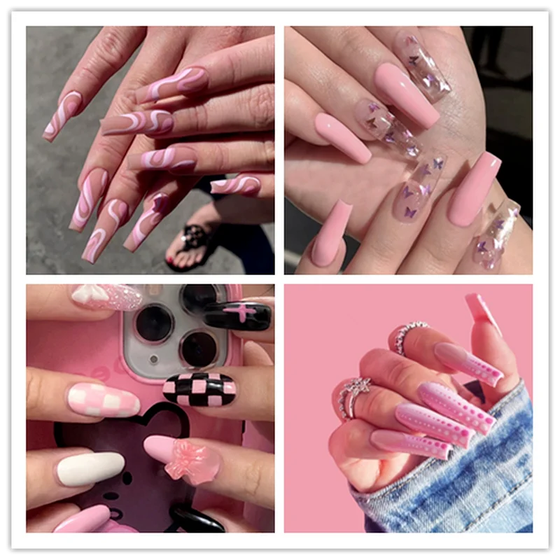 

24 искусственные накладные ногти волнистые точки пламя очаровательный дизайн балетный гроб накладные ногти носимый лук бриллиант длинные н...