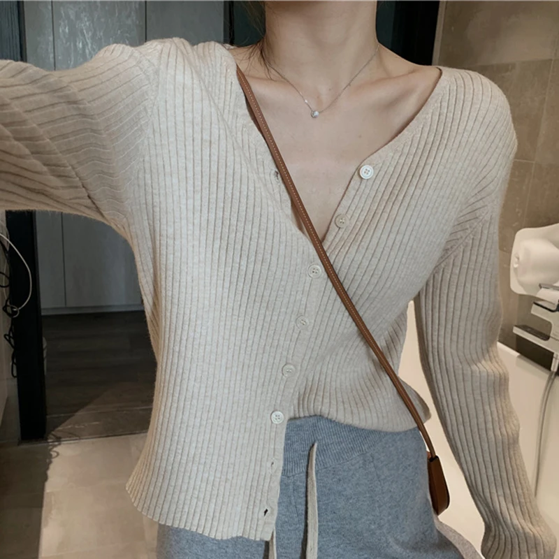 

Ailegogo New Spring Women Sweater Korean Casual V-neck Cardigans Single Breasted Long Sleeve Knitted Tops New Arrival Outwear