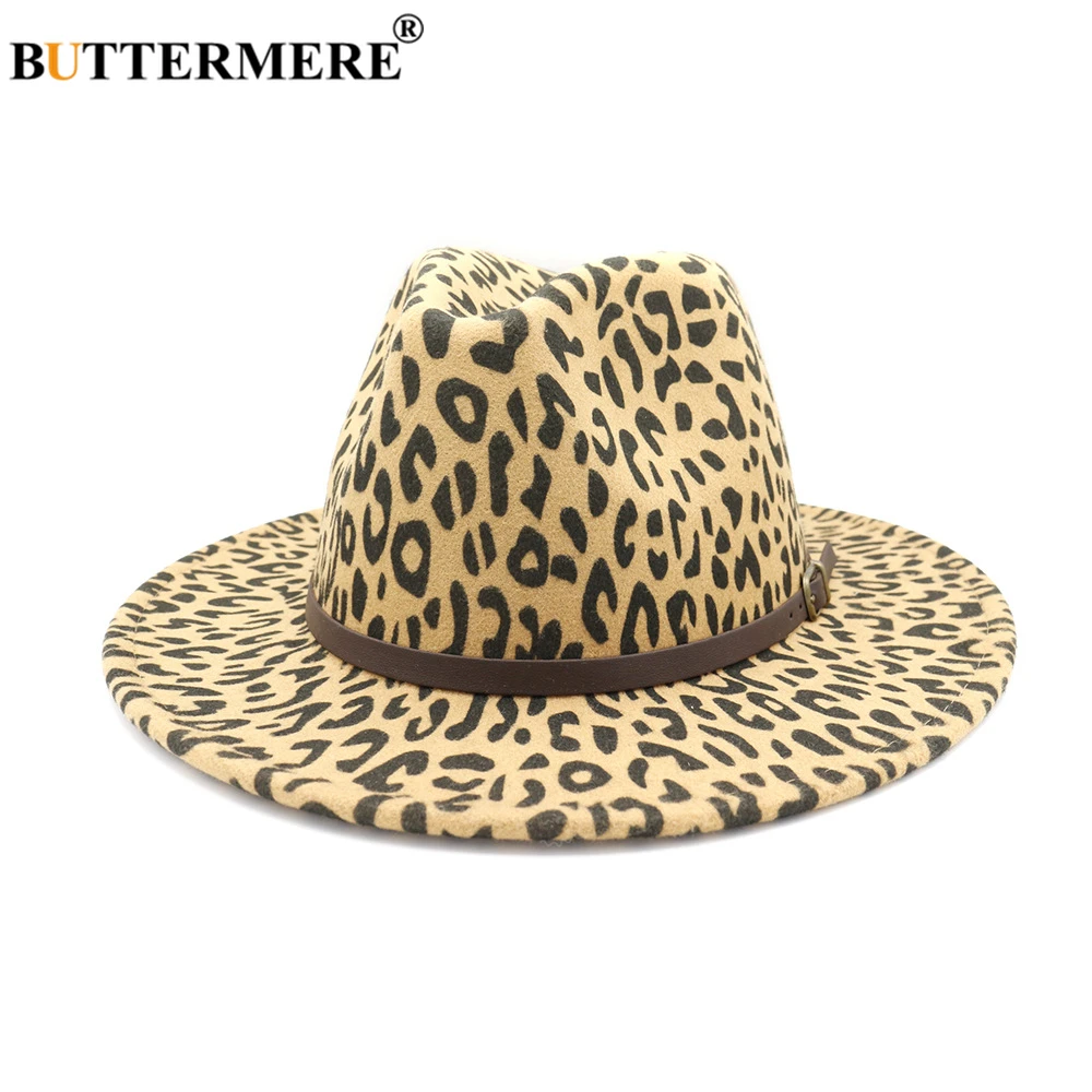 

BUTTERMERE Leopard Felt Fedora Trilby Hat Women Camel Woolen Jazz Hat with Belt Vintage Autumn Winter Female Panama Cap Fashion