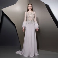 yqlnne khaki feathers long sleeve evening dress crystals beaded tulle see through top form gown for women