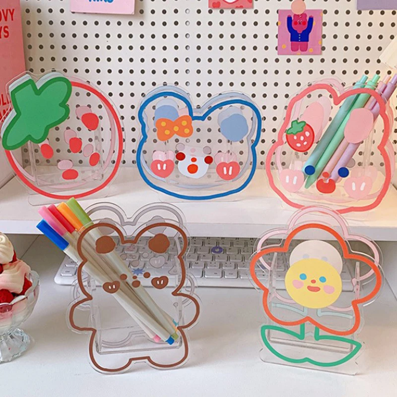 

Bear Rabbit Strawberry Acrylic Pen Holder Desk Organizer Storage Box Stationery