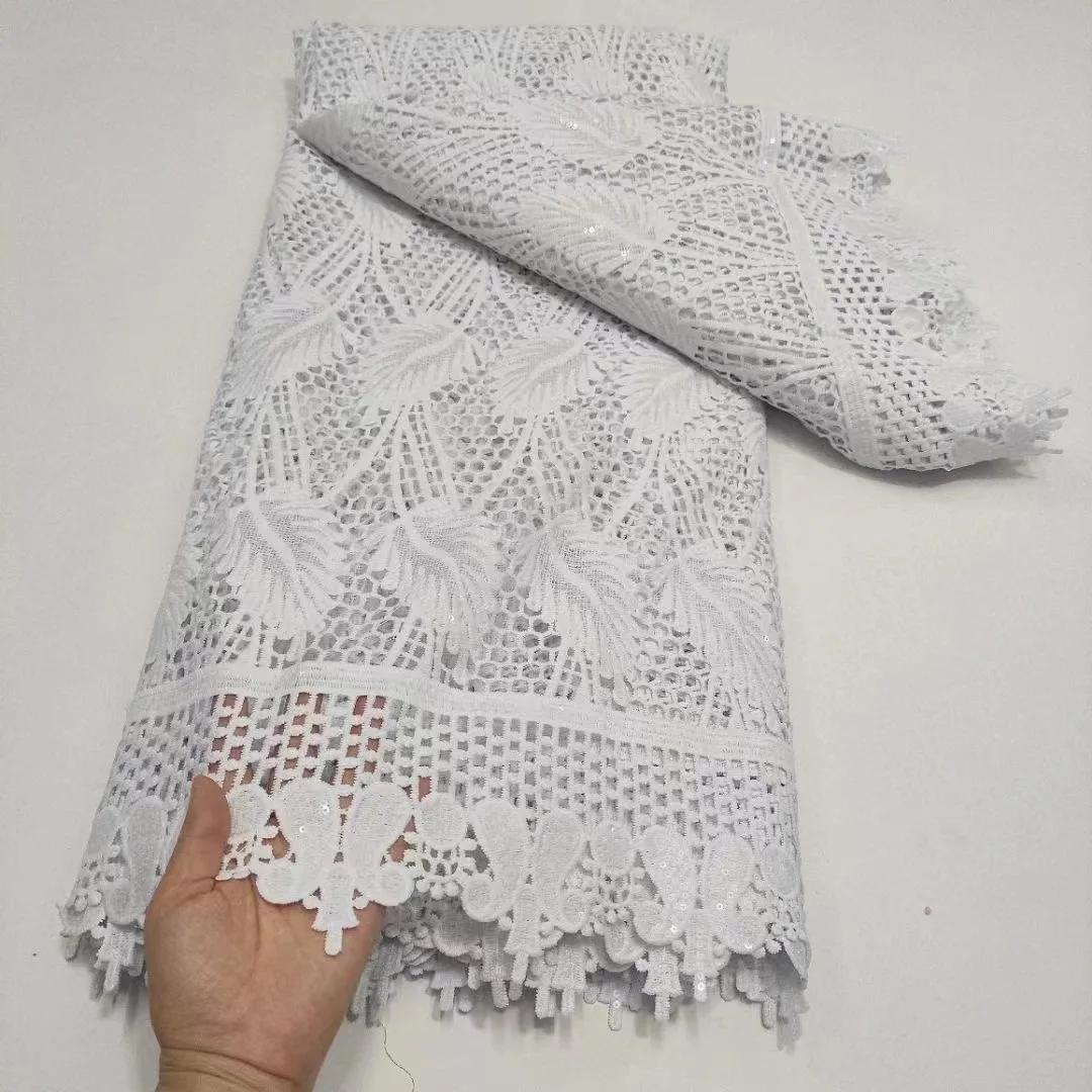 

Pure White African Water Cord Lace Fabric Guipure dentelle africain 2021 New Sequin Lace Fabrics For Women Dress