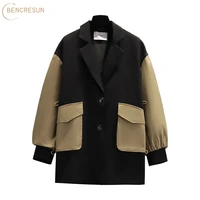 fashion oversize patchwork tailored coat women black khaki v neck blazer long sleeve jacket casual pocket top winter autumn