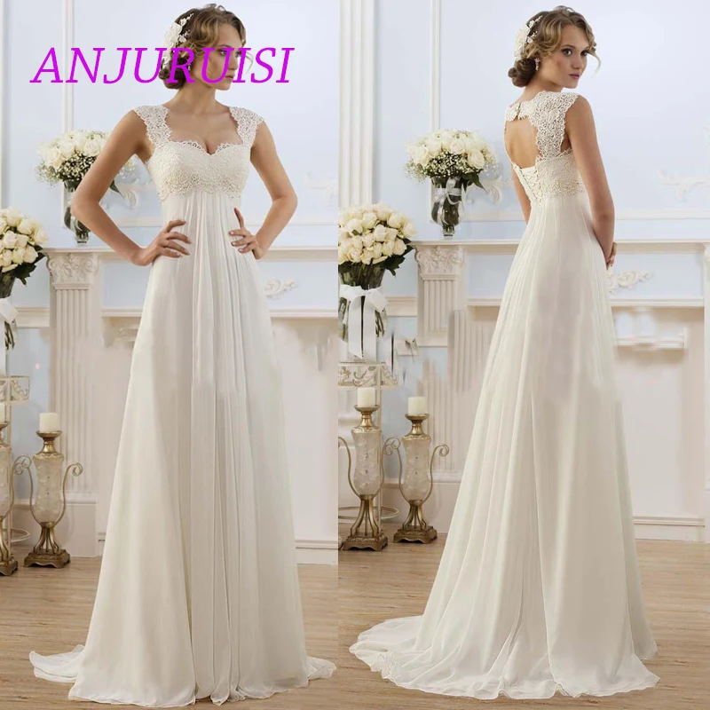 ANJURUISI Romantic Summer Chiffon Wedding Dresses Lace Top Cap Sleeve Keyhole Back Beach Wedding Gowns Pregnant Bridal Gowns