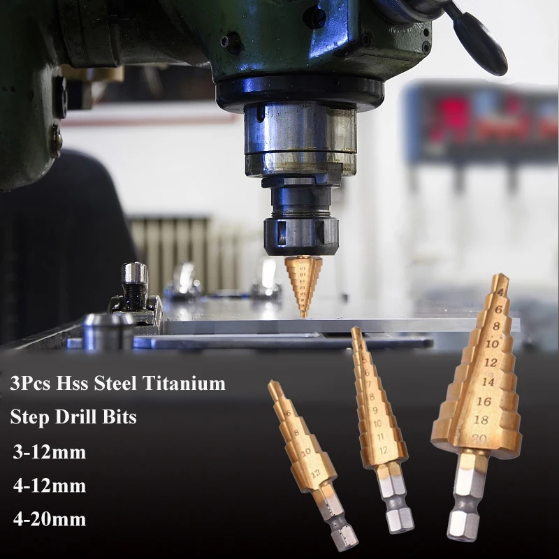 

3Pc Hss Step Cone Taper Drill Bit Set Metal Hole Cutter Metric 3-12 4-12 4-20Mm 1/4 inch Titanium Coated Metal Hex Taper