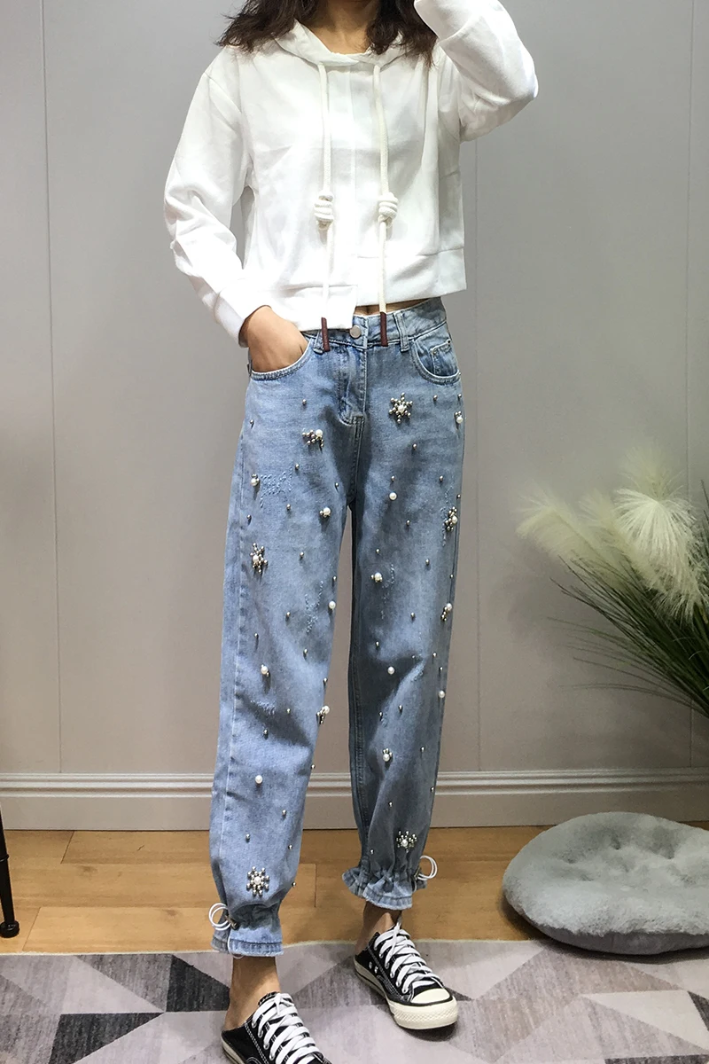 

Spring 2021 New Chic Beaded Jeans Women Loose Casual Slimming High Waist Ankle-Tied Trousers Femme Cropped Harem Pants Hip-Hop