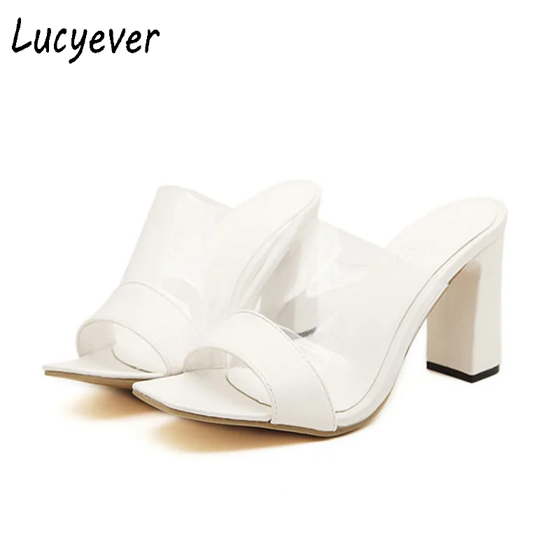 Lucyever/прозрачные женские туфли из ПВХ на высоком квадратном каблуке Модные