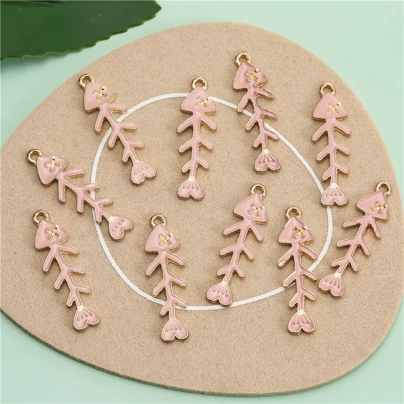 10 шт./лот Подвеска из эмалированного сплава в виде рыбьей кости розовый цвет