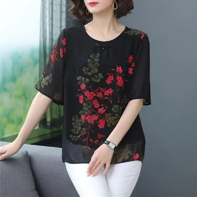Mother Wear Short-sleeved T-shirt, Middle-aged Western Style, Thin-aged Shirt, Middle-aged And Elderly Chiffon Top