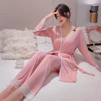 v neck pajamas set casual nightwear female lounge wear 3 pieces robe sleepwear soft bathrobe gown lingerie home clothes