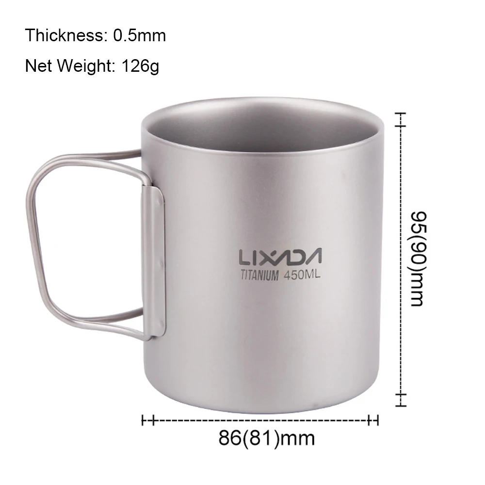 Lixada Titanium Double Wall Cup 220ml/450ml Portable Water Coffee Tea Mug with Foldable Handle | Спорт и развлечения