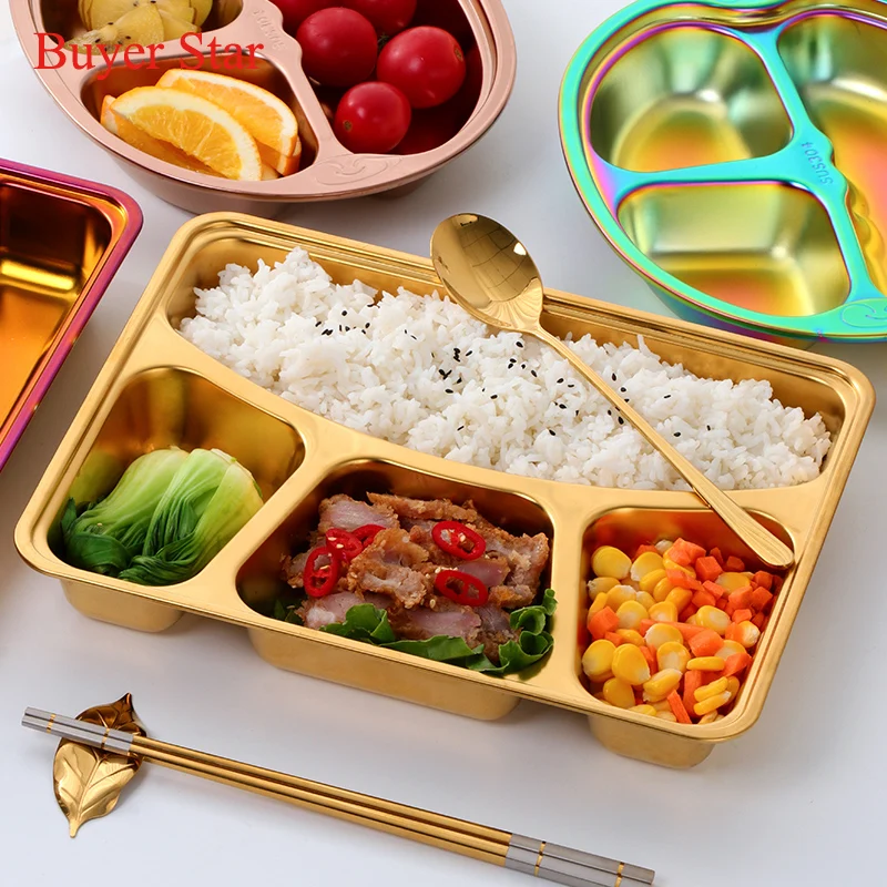 1 PCS Dinner Plate with Gift Spoon Stainless Steel Gold Divided Tray Lunch Container Snack Diet Food Control Tray 3/4 Section