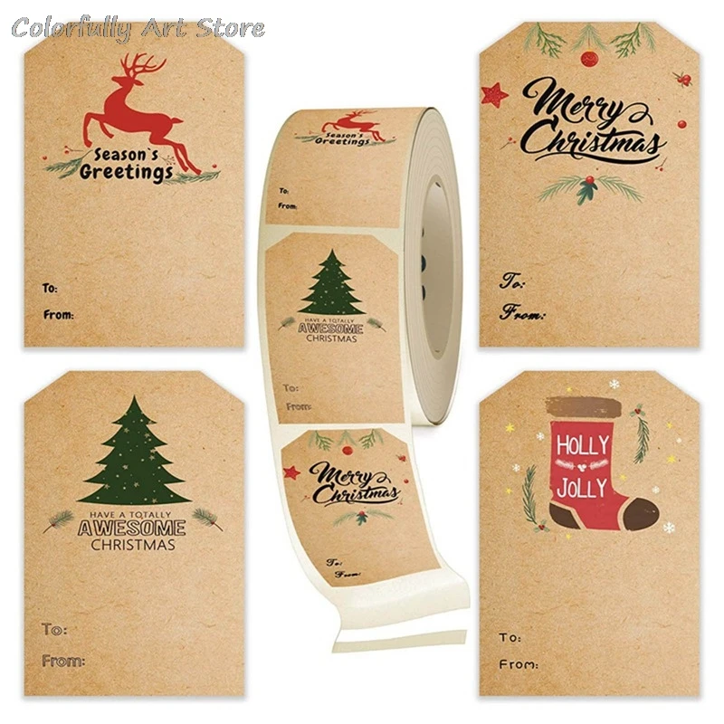 

300PCS Rectangular Christmas Plant Stickers Kraft Paper Stickers Paste Gift Business Supplies Label Decoration Stickers