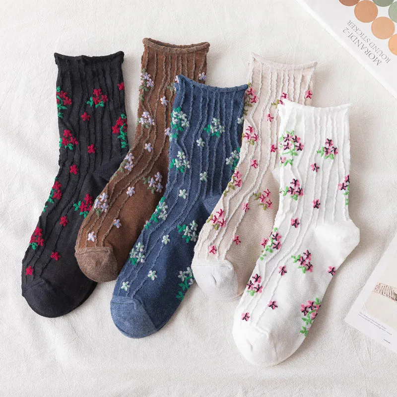 

Korean Fashion News Floral Print Women's Socks Harajuku Vintage Streetwear Crew Socks Japanese Kawaii Cute Cotton Long Sock