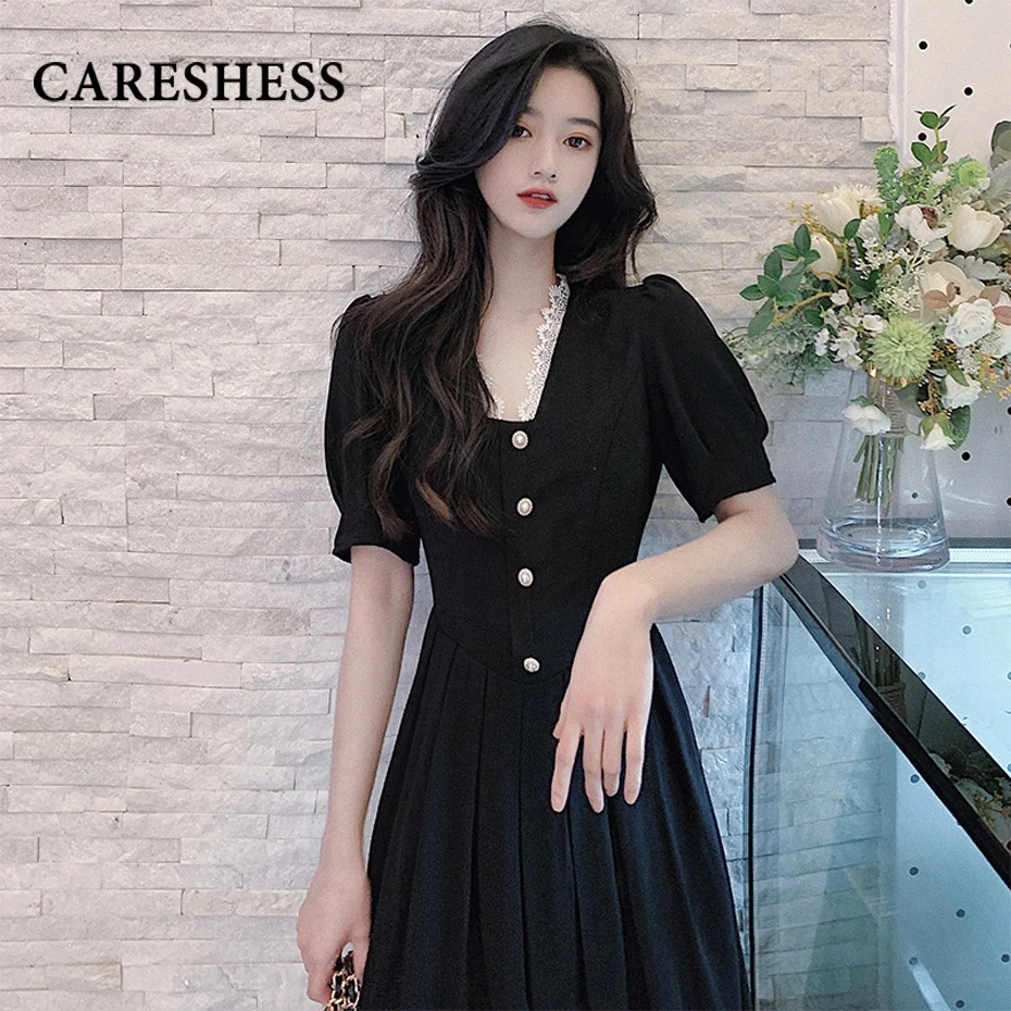 

CARESHESS Fashion V-neck sexy Women Summer Sexy Dress Elegant Hepburn Style Black Lantern sleeve Midi A Line Party Dresses