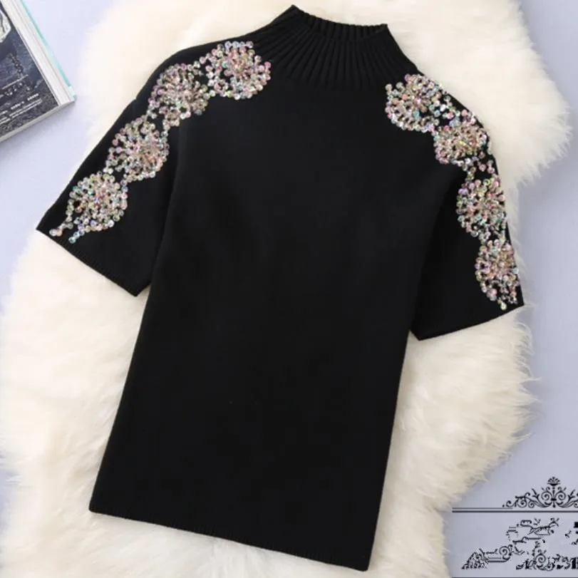 

2020 spring and autumn new short-sleeved beaded diamond sequins solid color turtleneck knitted wool shirt women