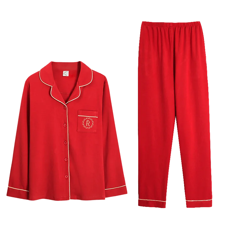 

Pyjamas Men 100% Cotton Christmas Red Home Clothing Letter Embroidery Pocket Front Couples Sleepwear Chinese Red Wedding Pajamas
