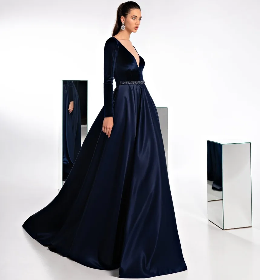 

Navy Evening Dresses Long Sleeve Satin Beaded A Line Prom Dress Custom Made Formal Party Gowns