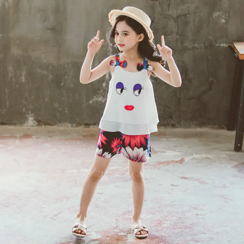 2021 Summer Girls Clothes Set Fashion Children Chiffon Sling Vest+Pants Kids Outfits Teen Girl Clothing Sets 4 6 8 10 12 Years