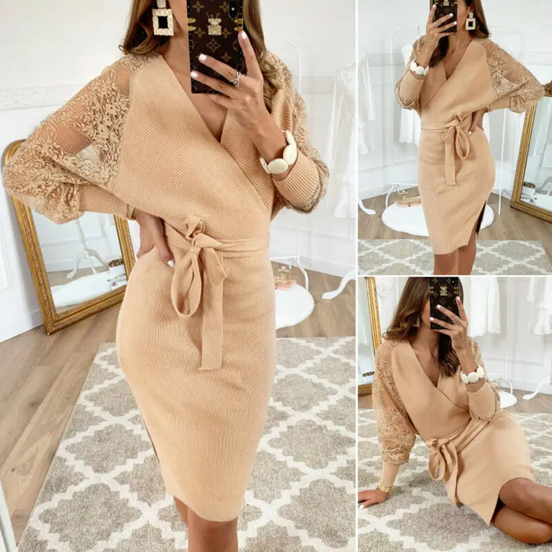 Женское трикотажное платье свитер винтажное Клубное цвета хаки с длинным